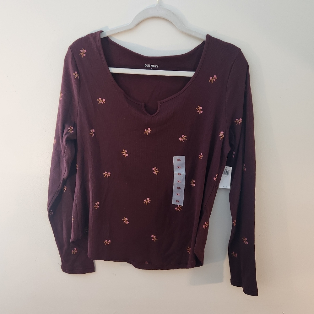 Old Navy Women's Burgundy Floral Long Sleeve Top